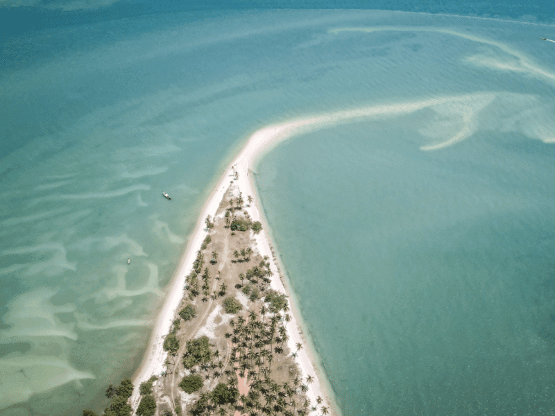 Aerial view of Koh Yao Yai's stunning coastline with lush palm trees and clear turquoise waters.