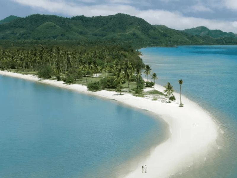 Yao Yai Island Private Charter: Serene sandy beach on Koh Yao Yai with a leaning palm tree under a bright blue sky.