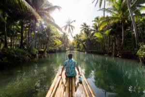 bamboo rafting in Phuket: Man rafting through palm-lined river in Phuket